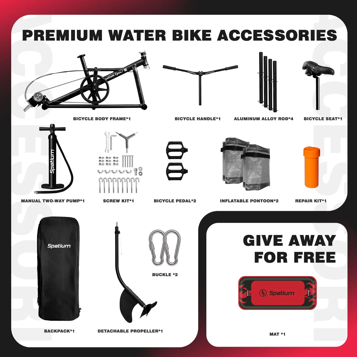 Premium water bike accessories included — pump, pedals, repair kit, backpack