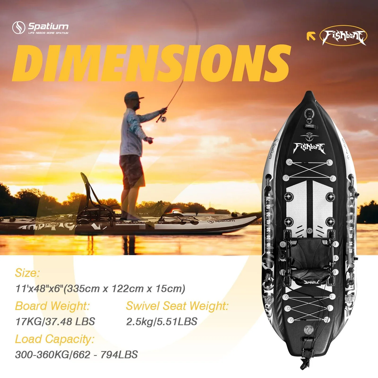FishBone Basic dimensions — 11ft x 48in, 300kg capacity